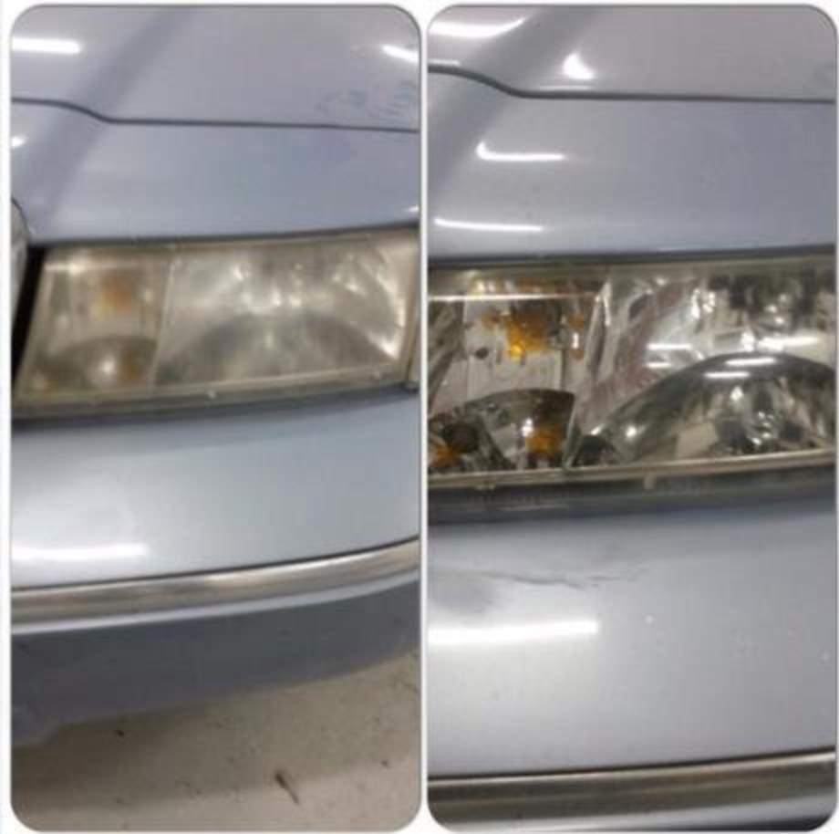 Headlight and fender before and after repair