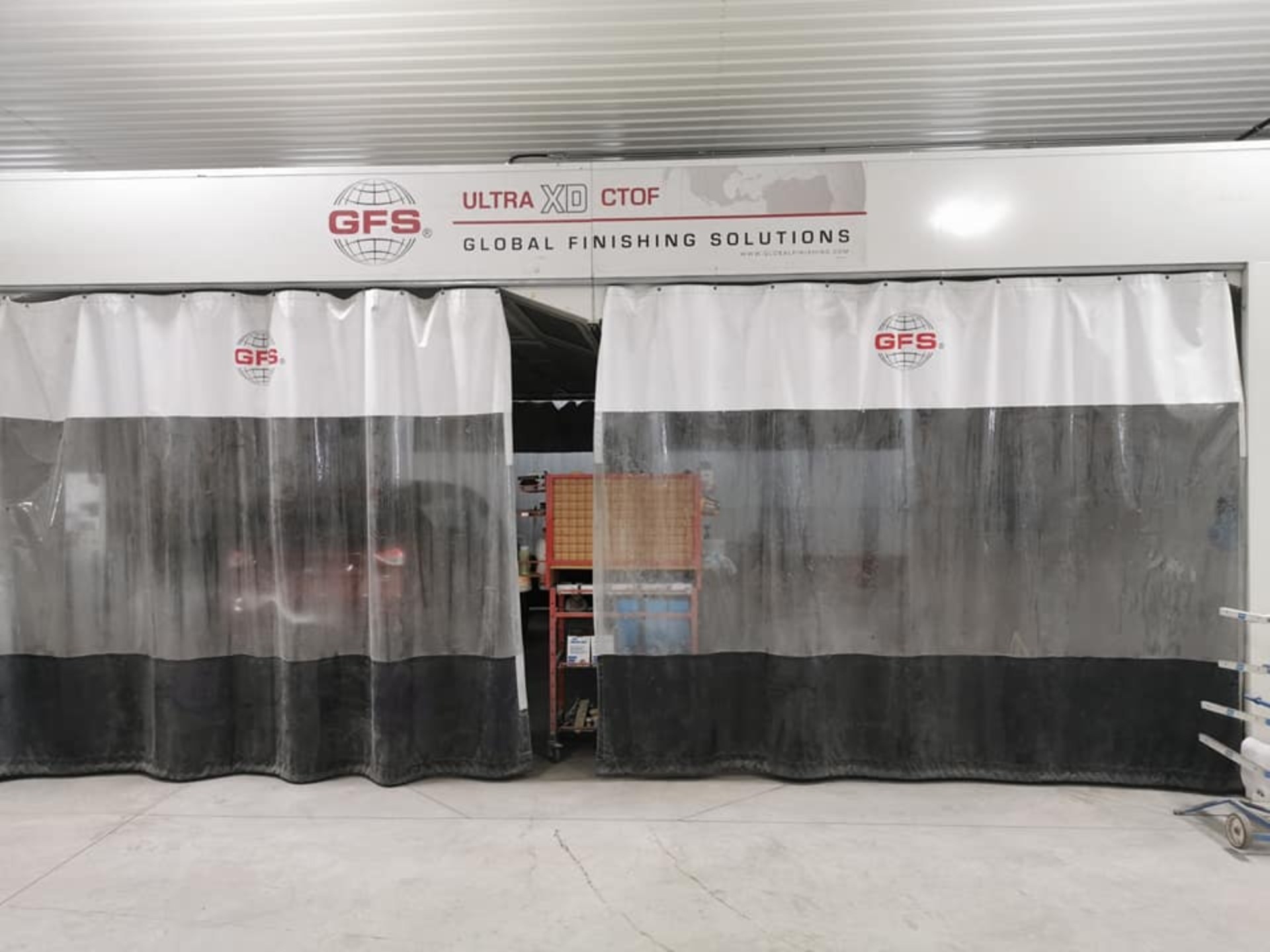 Prep bay curtain inside the collision repair shop